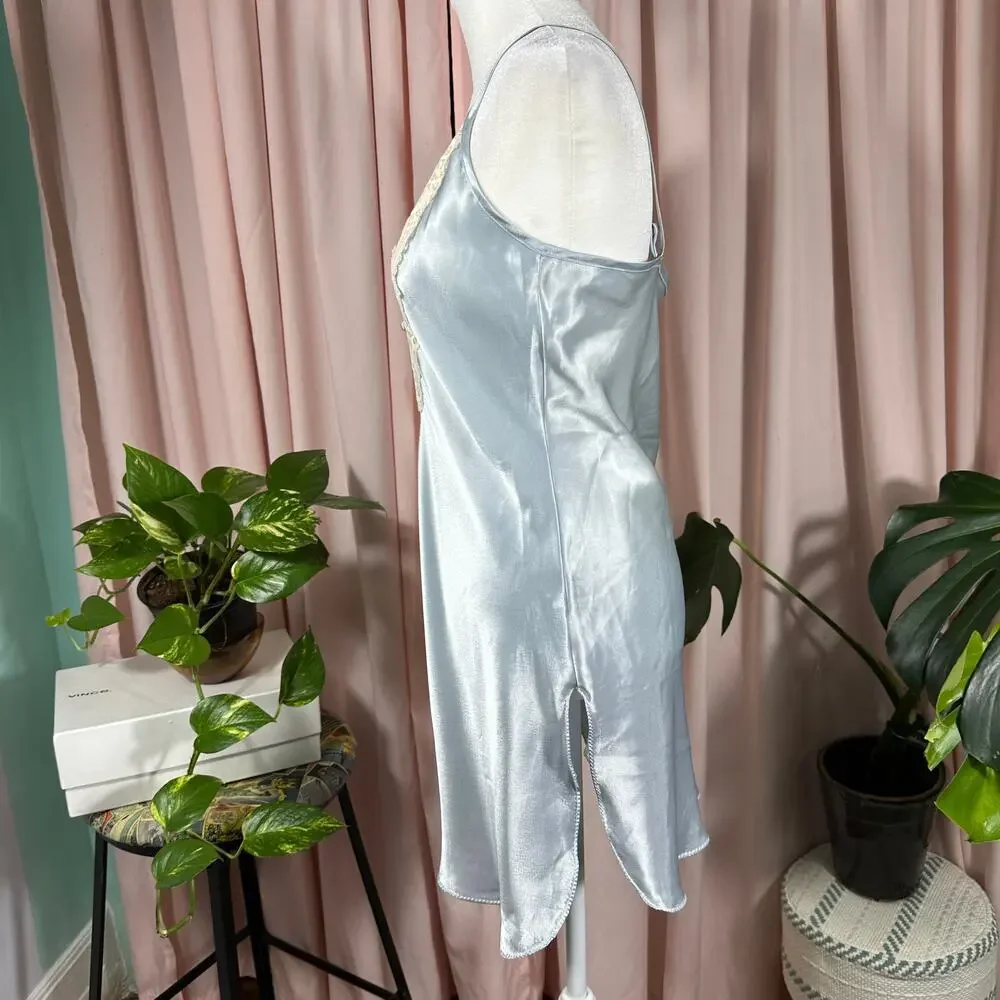 Kirsten Grey Vintage Baby Blue Satin‎ Chemise Slip Dress Lace Small USA Made